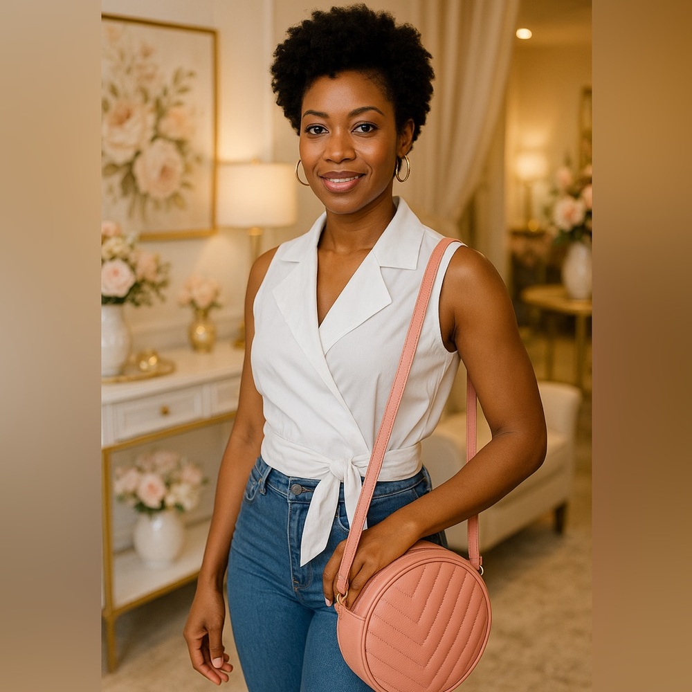 Blush Pink Round Crossbody Bag – Chevron Stitch Detail